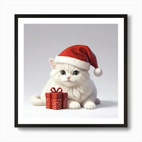 White Cat In Santa Hat 1 Art Print