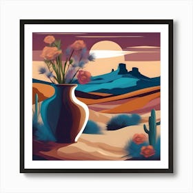 Flower vase decorated with desert landscape, blue, orange and light burgundy Art Print