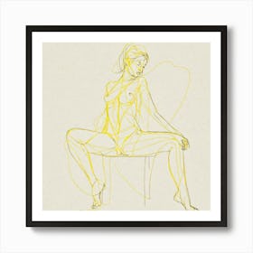 Nude Woman Sitting On Chair Line art in yellow Art Print