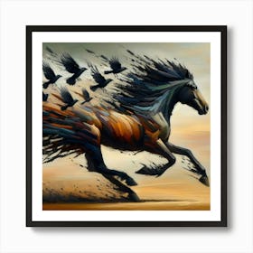 Horse Running With Birds Art Print