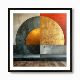'Solar Crescendo', a striking piece that captures the intensity and warmth of the sun as it reaches the zenith of its daily arc. The artwork is a study in contrasts, with a fiery semicircle meeting its cool, shadowed counterpart, set against a backdrop that blends rustic charm with urban austerity.  Solar Art, Rustic Modern, Warm Contrasts.  #SolarCrescendo, #ContrastArt, #UrbanRustic.  'Solar Crescendo' offers a powerful visual statement, ideal for those who seek to bring the essence of a sunset inside. It blends the raw with the refined and the vibrant with the subdued, making it a versatile piece for both contemporary and traditional spaces looking for a touch of drama and sophistication. Art Print