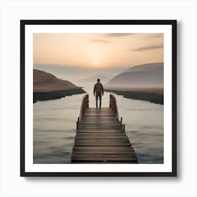 Man Standing On A Bridge At Sunset Art Print