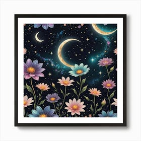 Seamless Pattern With Flowers And Moon Art Print