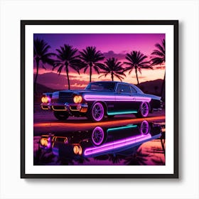 Neon Car At Sunset Art Print