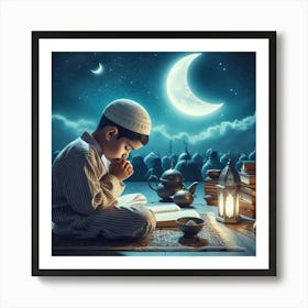 Muslim Boy Praying At Nightالمشاعر الروحانية في رمضان Art Print
