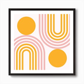 Mid Century Modern Geometric in contemporary mustard yellow gold pale pink (Rainbow and Sun Abstract Design) Art Print