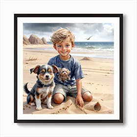 Little Boy With Dogs On The Beach Art Print