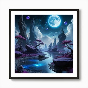 Alien Landscape With Floating Rocks And Purple Skies Art Print