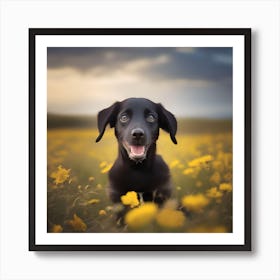 Black Dog In A Field Of Yellow Flowers Art Print