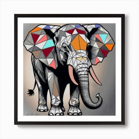 Intricately Designed Geometric Elephant Black And White with contrast color Illustration Art Print