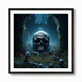 Digital Painting Of A Human Skull Center Frame Empty Eye Sockets Peering Into An Abyss A Backdrop (6) Art Print