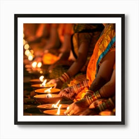 Women Lighting Diyas 1 Art Print