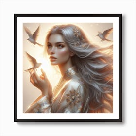 Chinese Girl With Birds Art Print