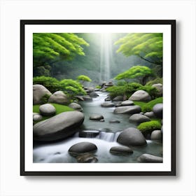 Azure Stream, A Serene Zen Garden With Flowing Water And Rocks Symbolizing Tranquility And Equilibrium Art Print