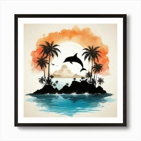 Boho art silhouette of an island with dolphins Art Print