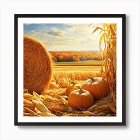 Autumn Harvest Scene Featuring Oversized Pumpkins Nestled Among Stalks Of Sunlit Corn Bales Of Hay 2 1 Art Print