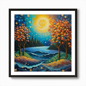 Whimsical Night: A Serene Lake Under a Swirling Starry Sky Art Print