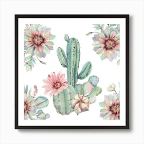 Watercolor Cactus Pattern Floral Boho Painting Art Print