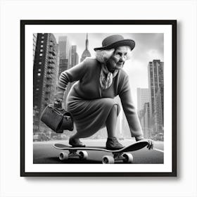 Old Lady Skateboarding Art Print