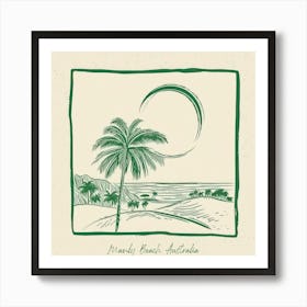 Manly Beach, Australia Green Line Art Illustration Art Print