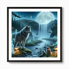 Wolf on the Mushroom Crystal Riverbank with Cubs Art Print