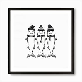 SARDINES LOVERS Three Fish In Winter Hats Art Print