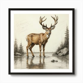 Deer In The Water 30 Art Print