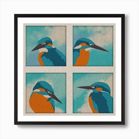 Four Kingfishers, birds, animals, illustration, wall art Art Print