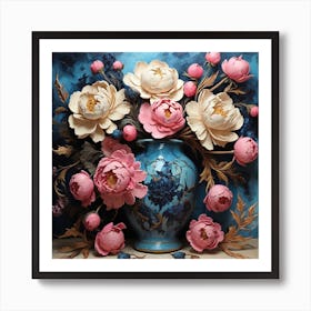 Flowers With Pink Peonies And Blue Art Print