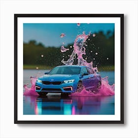 Blue Car Splashing In Water Art Print