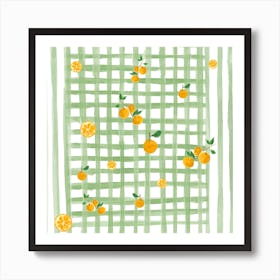 Green Gingham And Oranges Square Art Print