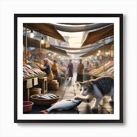 Cat At The Fish Market Art Print