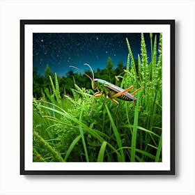 Grasshopper In The Grass At Night Art Print