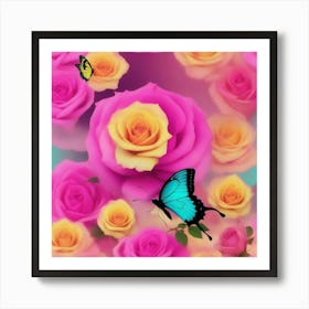 Roses And Butterflies Art Print