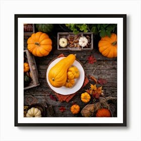 An Autumnal Photography Arrangement Depicting A Vibrant Orange Gourd Amidst A Thanksgiving Meal Sett (2) Art Print