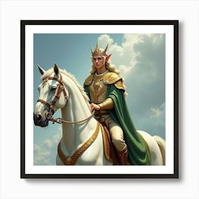 Elven Prince With A Golden Crown, Riding A Majestic White Steed 1 Art Print