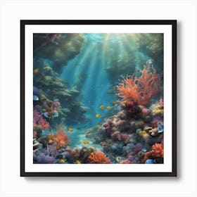 "Underwater Serenity" - tranquil underwater scene with colorful coral reefs, fish, and rays of sunlight. 2 Art Print