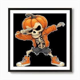 Cartoon Pumpkin Head Skeleton Dancing Playfully In Bright Colors Art Print