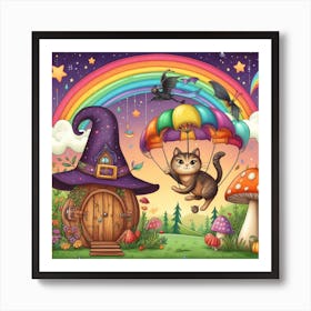 Cat Flying Over A Rainbow Art Print
