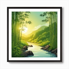 A Stream In A Bamboo Forest At Sun Rise Square Composition 121 Art Print