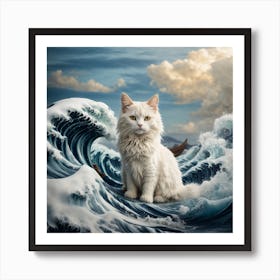 White Cat On A The Great Wave Off Kanagawa Inspired Art Print Cat Art Print