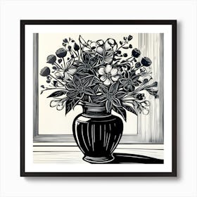 Flowers In A Vase Linocut Art Print
