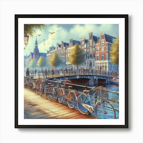 Bicycles Lined Up Along An Amsterdam Bridge In A Charming Digital Illustration, Style Digital Painting 1 Art Print