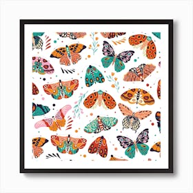 Colorful Hand Drawn Moths And Butterflies Pattern With Florals On White Square Art Print