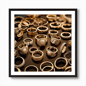 Gold Rings On Black Background Art Print