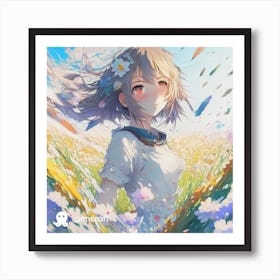 Anime Girl In A Field Of Daisies Art Print