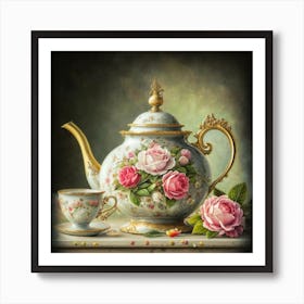 A very finely detailed Victorian style teapot with flowers, plants and roses in the center with a tea cup 15 Art Print