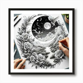 Moon And Roses Art Print