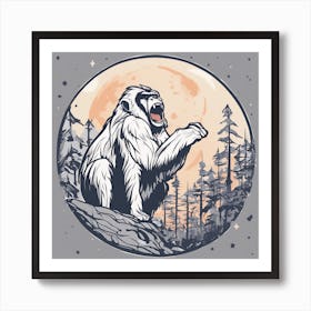 Sticker Art Design, Ape Howling To A Full Moon, Kawaii Illustration, White Background, Flat Colors, (1) 1 Art Print