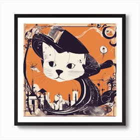 A Silhouette Of A Cat Wearing A Black Hat And Laying On Her Back On A Orange Screen, In The Style Of (1) Art Print